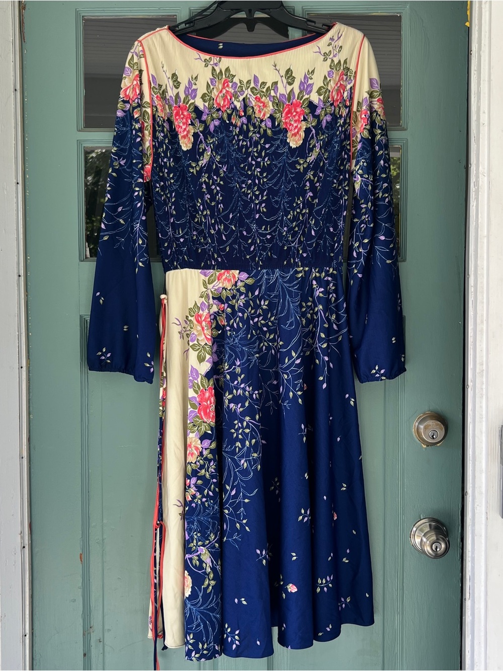 Vintage Womens Blue Floral Peasant Hippie Dress 3/4 sleeve